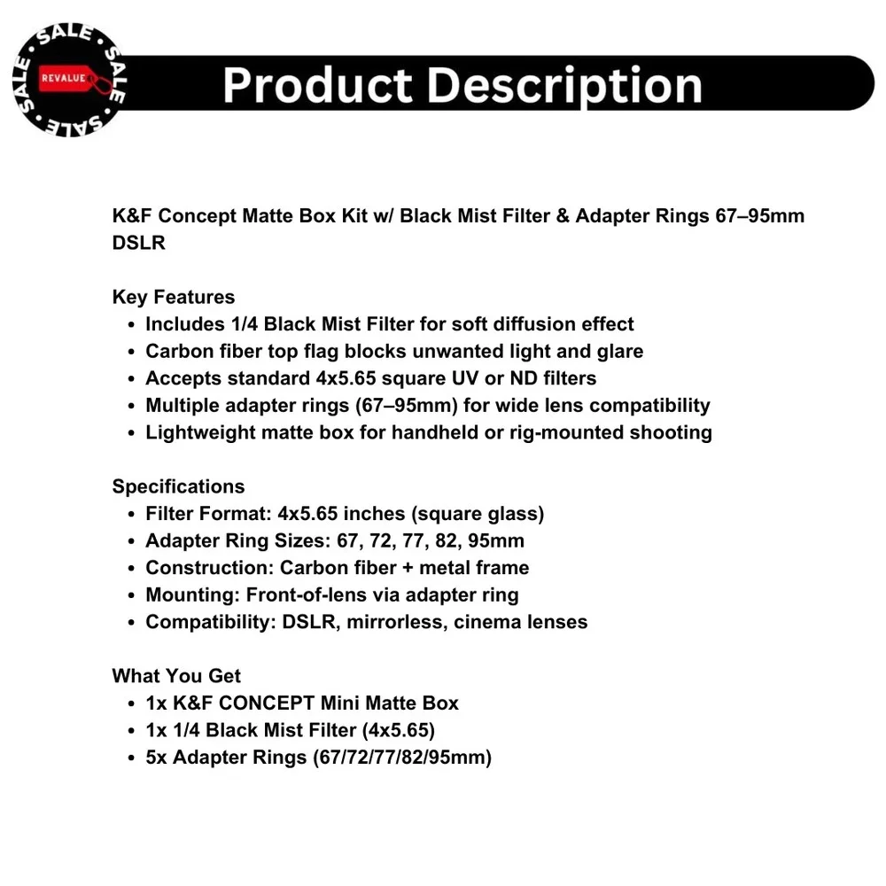 K&F Concept Matte Box Kit w/ Black Mist Filter &‎ Adapter Rings 67–95mm DSLR